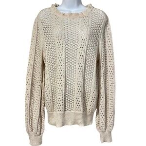 Cream Sweater Size Large Open Knit Bishop Sleeve Confetti Cotton Neutral